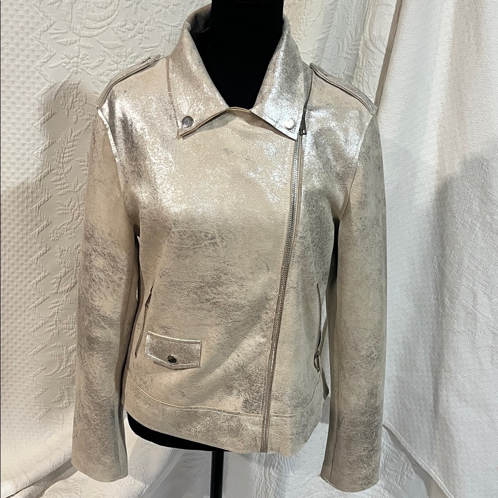 Rebecca Elliot metallic faux leather moto‎ jacket, size medium